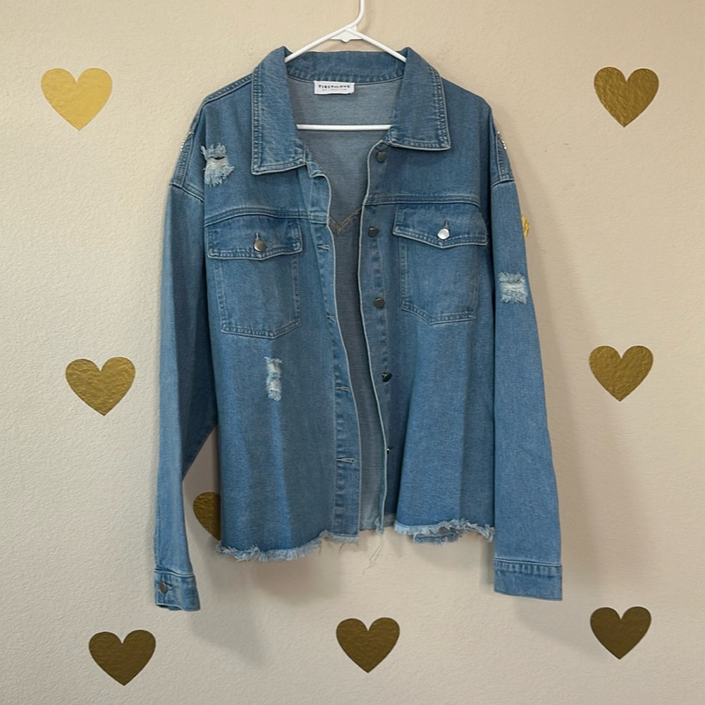 Distressed, jean jacket with rhinestone fringe on back 2x - Picture 2 of 2